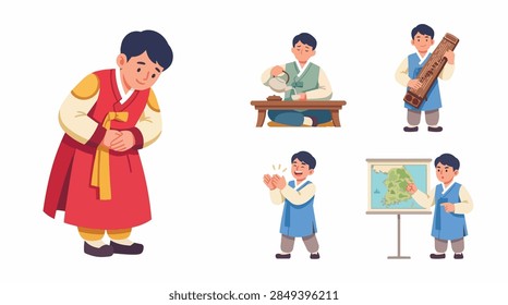 A vibrant vector illustration set showcasing traditional Korean cultural activities, including a scholar in traditional hanbok, a musician playing a gayageum, a chef preparing food, a presenter with a
