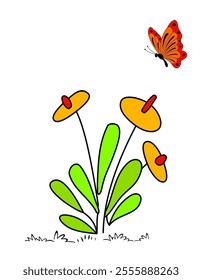 A vibrant vector illustration showcases colorful flowers, delicate leaves, and a graceful butterfly against a pristine white background. This artful composition captures the beauty of nature in detail