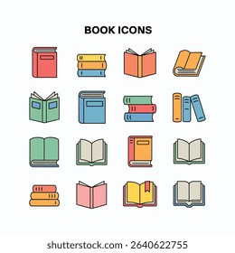 A vibrant vector illustration showcases a comprehensive set of book icons, perfect for educational projects and design needs.