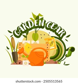 Vibrant vector illustration showcases essential gardening tools and gear arranged in a visually appealing layout.The centerpiece features an orange watering can, a wooden crate filled with garden