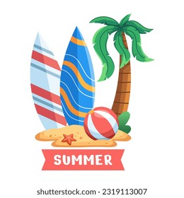 Vibrant vector illustration showcases a lively summer beach scene complete with a surfing board, ball, and palm tree in the seashore.
perfect for greeting card, label, postcard, banner, poster, etc