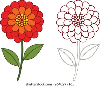 A vibrant vector illustration showcases a lively zinnia flower in full bloom, perfect for diverse creative projects. The design features the colorful flower with detailed petals, leaves