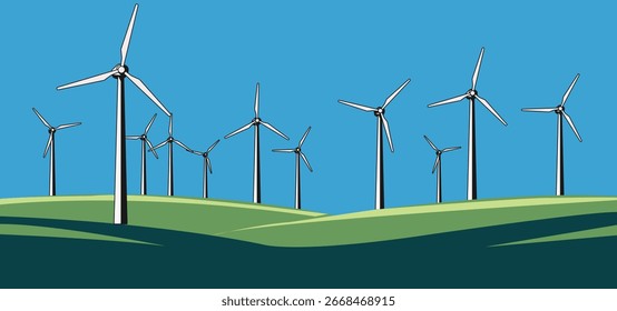 Uma ilustração vetorial vibrante mostra turbinas eólicas graciosamente pontilhando colinas verdes, em um cenário de um céu azul claro, simbolizando energia limpa. 
