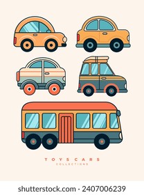 Vibrant vector illustration showcasing an adorable collection of toy cars, a captivating asset for microstock with its charming and playful charm.