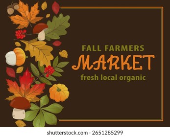 Vibrant vector illustration showcasing autumn produce at a farmers market. Includes pumpkins, mushrooms, berries, and colorful leaves, emphasizing fresh, local, and organic themes.