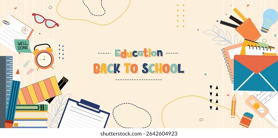 A vibrant vector illustration showcasing back to school concepts through various stationery and learning tools.
