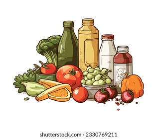 Vibrant vector illustration showcasing a beautifully arranged assortment of grocery items on a clean white background