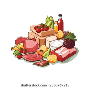 Vibrant vector illustration showcasing a beautifully arranged assortment of grocery items on a clean white background