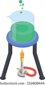 A vibrant vector illustration showcasing a chemistry lab experiment. Features a green liquid in a beaker placed on a tripod stand, heated by a Bunsen burner with a red hose.