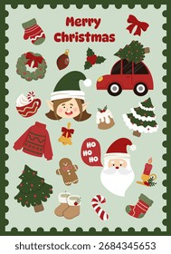 Una Ilustración vectorial vibrante que muestra una celebración de Navidad con Elementos festivos como Santa, árboles y decoraciones.