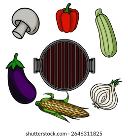 A vibrant vector illustration showcasing a circular grill surrounded by various vegetables ready for grilling, including corn, eggplant, zucchini, bell pepper, onion, and mushroom, perfect for culi...