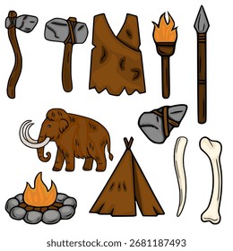Una Ilustración vectorial vibrante que muestra una colección de objetos de Edad Stone, incluyendo herramientas, ropa, un mamut, un fuego y una vivienda, renderizado en un estilo de dibujos animados con paletas de colores marrones y grises.