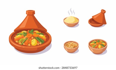A vibrant vector illustration showcasing a collection of Moroccan tagine cooking sheets, including a traditional tagine pot filled with vegetables, couscous in a bowl, spiced nuts, and a tagine spice