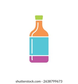 A vibrant vector illustration showcasing a colorful bottle, detailed with orange neck, turquoise label area, green cap, and magenta base, set against a white background.
