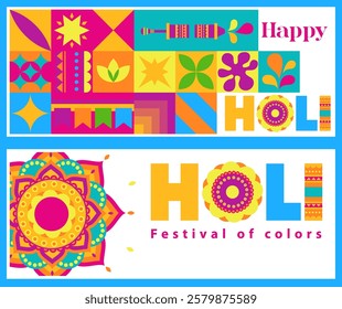 A vibrant vector illustration showcasing elements of Holi festival, designed in a colorful geometric style. Isolated on a white background, suitable for posters, banners, or festive decor.