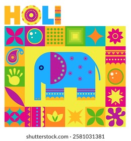 A vibrant vector illustration showcasing elements of Holi festival, designed in a colorful geometric style. Isolated on a white background, suitable for posters, banners, or festive decor.