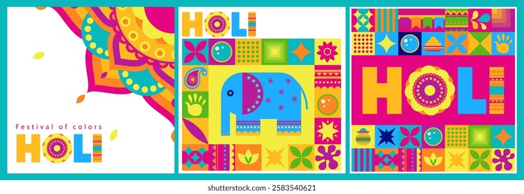 A vibrant vector illustration showcasing elements of Holi festival, designed in a colorful geometric style. Isolated on a white background, suitable for posters, banners, or festive decor.