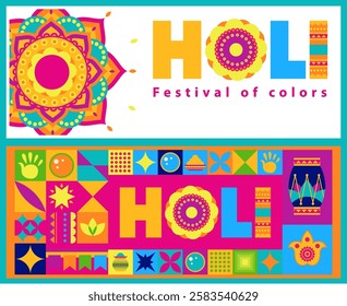 A vibrant vector illustration showcasing elements of Holi festival, designed in a colorful geometric style. Isolated on a white background, suitable for posters, banners, or festive decor.