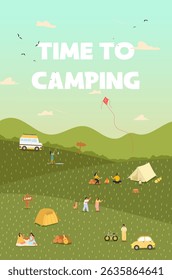 A vibrant Vector illustration showcasing a fun camping adventure with friends, tents, and outdoor activities against a scenic backdrop.
