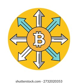 A vibrant vector illustration showcasing the growth and expansion of Bitcoin, featuring a central Bitcoin symbol surrounded by outward-pointing arrows on a yellow background.