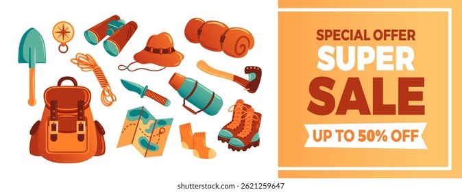vibrant vector illustration showcasing a horizontal banner for a super sale on camping gear. Featuring tents, backpacks, and outdoor accessories, perfect for promoting adventure and outdoor activities