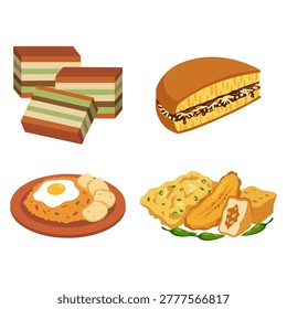 A vibrant vector illustration showcasing popular Indonesian dishes like Kue Lapis Martabak Manis Nasi Goreng and Gorengan ideal for food blogs or menus