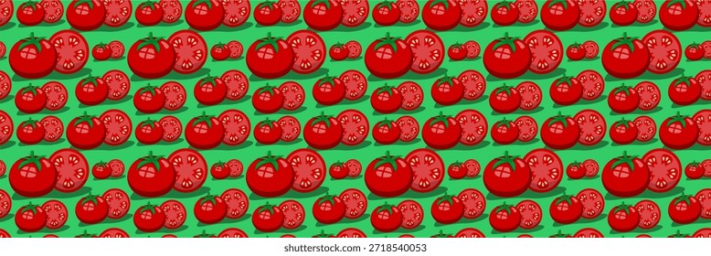 A vibrant vector illustration showcasing a seamless pattern of fresh red tomatoes and slices on a soft pink background.