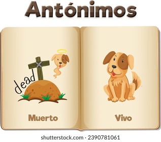 A vibrant vector illustration showcasing the Spanish words 'Muerto' and 'Vivo' on a word card