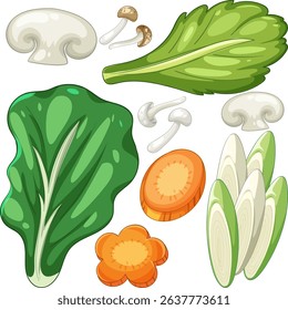 Vibrant vector illustration showcasing a variety of fresh vegetables, including mushrooms, leafy greens, and carrots, with a clean white background