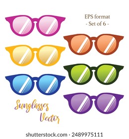 A vibrant vector illustration showcasing various sets of colorful sunglasses. The lively colors and modern designs convey a fun and fashionable vibe, perfect for summer themes and stylish accessories.
