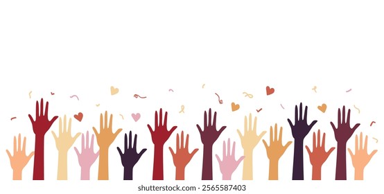 A vibrant vector illustration showing raised hands of volunteers, symbolizing unity, support, and community service, perfect for social impact and charity designs.