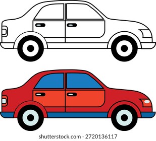 Ilustração vetorial vibrante mostrando dois sedãs lado a lado — um carro vermelho e detalhado e um carro de contorno branco. Perfeito para temas automotivos, de marketing ou de carros familiares e comparações lado a lado.
