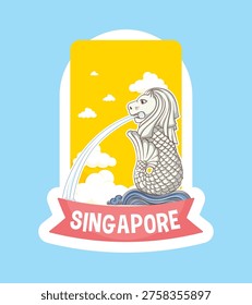 Vibrant vector illustration of Singapore's iconic Merlion statue with clean lines and sunny background.