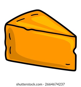 A vibrant vector illustration of a single, hand-drawn style wedge of Cheddar cheese, featuring bold orange hues and a thick black outline, ideal for food-related designs.