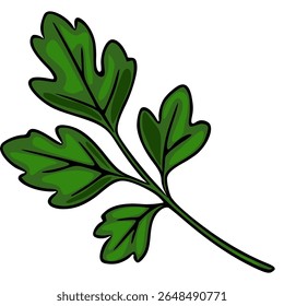Uma ilustração vetorial vibrante de um único ramo de salsa, mostrando suas folhas detalhadas e caule em tons ricos de verde, perfeito para projetos culinários ou botânicos.