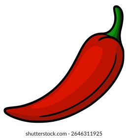 A vibrant vector illustration of a single red chili pepper, characterized by its bold outlines, smooth gradients, and a lively, slightly cartoonish style, perfect for adding a spicy touch to designs.