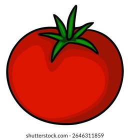 A vibrant vector illustration of a single ripe red tomato with a detailed green stem, showcasing a bold and simplistic cartoon style perfect for culinary designs.