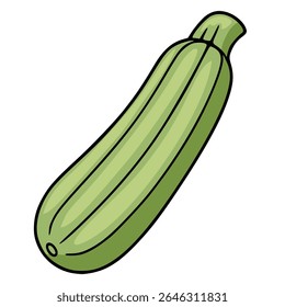 A vibrant vector illustration of a single zucchini, showcasing its light green hues and distinct ribbed texture, presented in a playful cartoon style against a clean white background.
