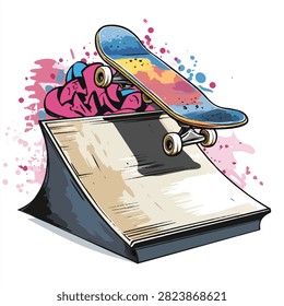 A vibrant vector illustration of a skateboard with a multi-colored deck and pink wheels, positioned on a wooden quarter pipe ramp. The artwork has a hand-drawn, sketchy style.