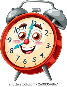 A vibrant vector illustration of a smiling alarm clock with expressive eyes, perfect for playful and educational designs