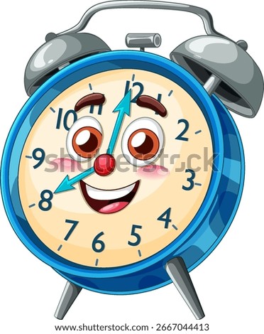 A vibrant vector illustration of a smiling alarm clock with expressive eyes and a playful design