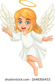 A vibrant vector illustration of a smiling angel with golden hair, white wings, and a halo, set against a white background