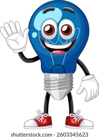 A vibrant vector illustration of a smiling blue lightbulb character with expressive eyes and red sneakers, waving cheerfully