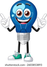 A vibrant vector illustration of a smiling blue lightbulb character with expressive eyes and sneakers, conveying creativity and energy
