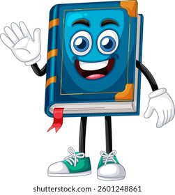 A vibrant vector illustration of a smiling book character with expressive eyes, waving hand, and colorful sneakers