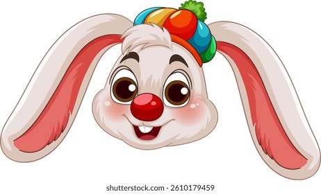 A vibrant vector illustration of a smiling bunny wearing a colorful clown hat, featuring large expressive eyes and playful details