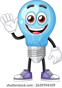 A vibrant vector illustration of a smiling light bulb character waving, featuring bright colors and a playful cartoon style
