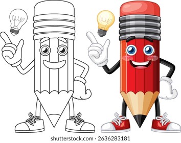 A vibrant vector illustration of a smiling pencil character with a lightbulb, showcasing creativity and ideas in a playful style