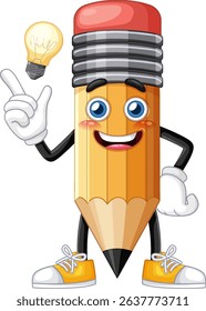 A vibrant vector illustration of a smiling pencil character holding a light bulb, symbolizing creativity and innovation