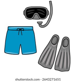 A vibrant vector illustration of snorkeling equipment: a diving mask, snorkel, and blue swim shorts, complemented by a pair of grey flippers, all rendered in a playful cartoon style.